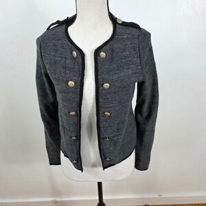 Stradivarius Womens Military Knit Jacket Gray‎ Gold Crest Button Blazer Small